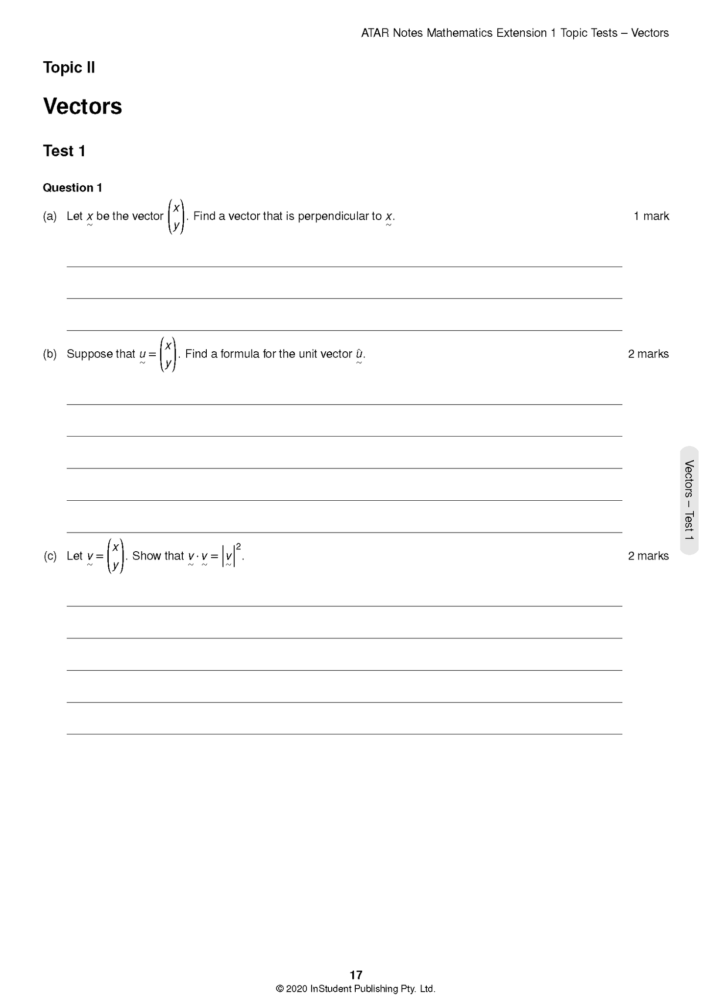 Mathematics Extension 1 Topic Tests page by ATAR Notes, featuring vector questions in black text on a white background, page 17.