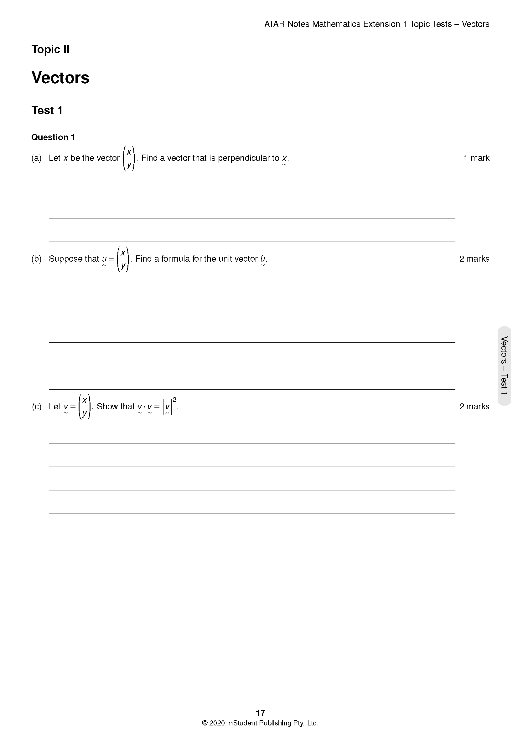 Mathematics Extension 1 Topic Tests page by ATAR Notes, featuring vector questions in black text on a white background, page 17.