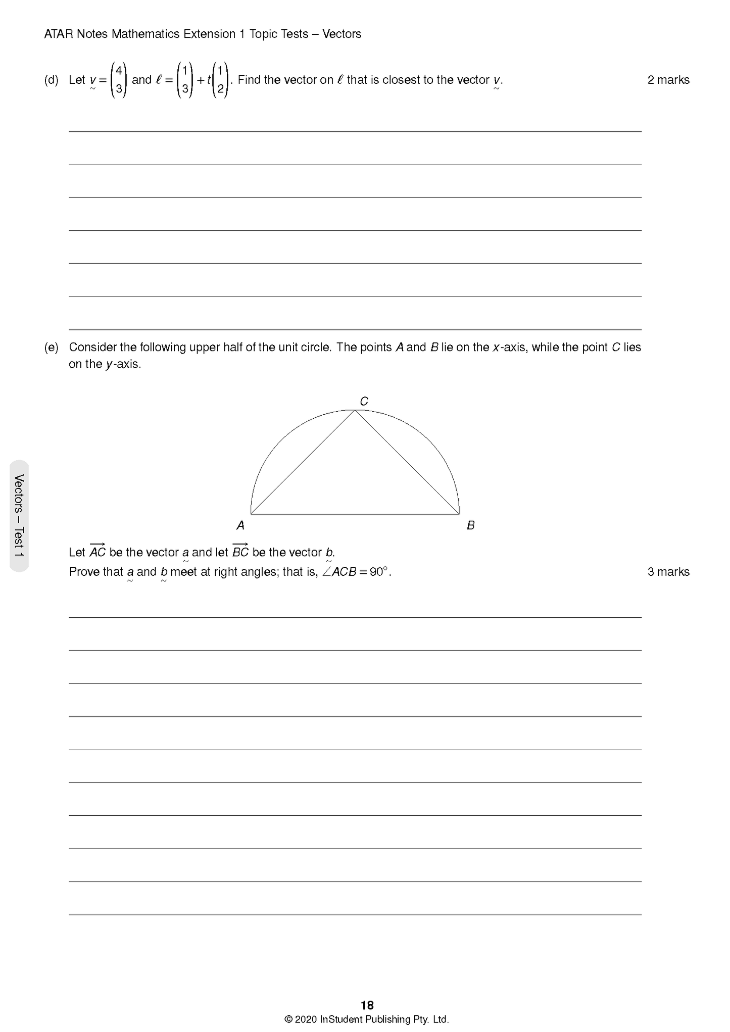 Mathematics Extension 1 Topic Tests page by ATAR Notes, showing vector problems with a semicircle diagram.