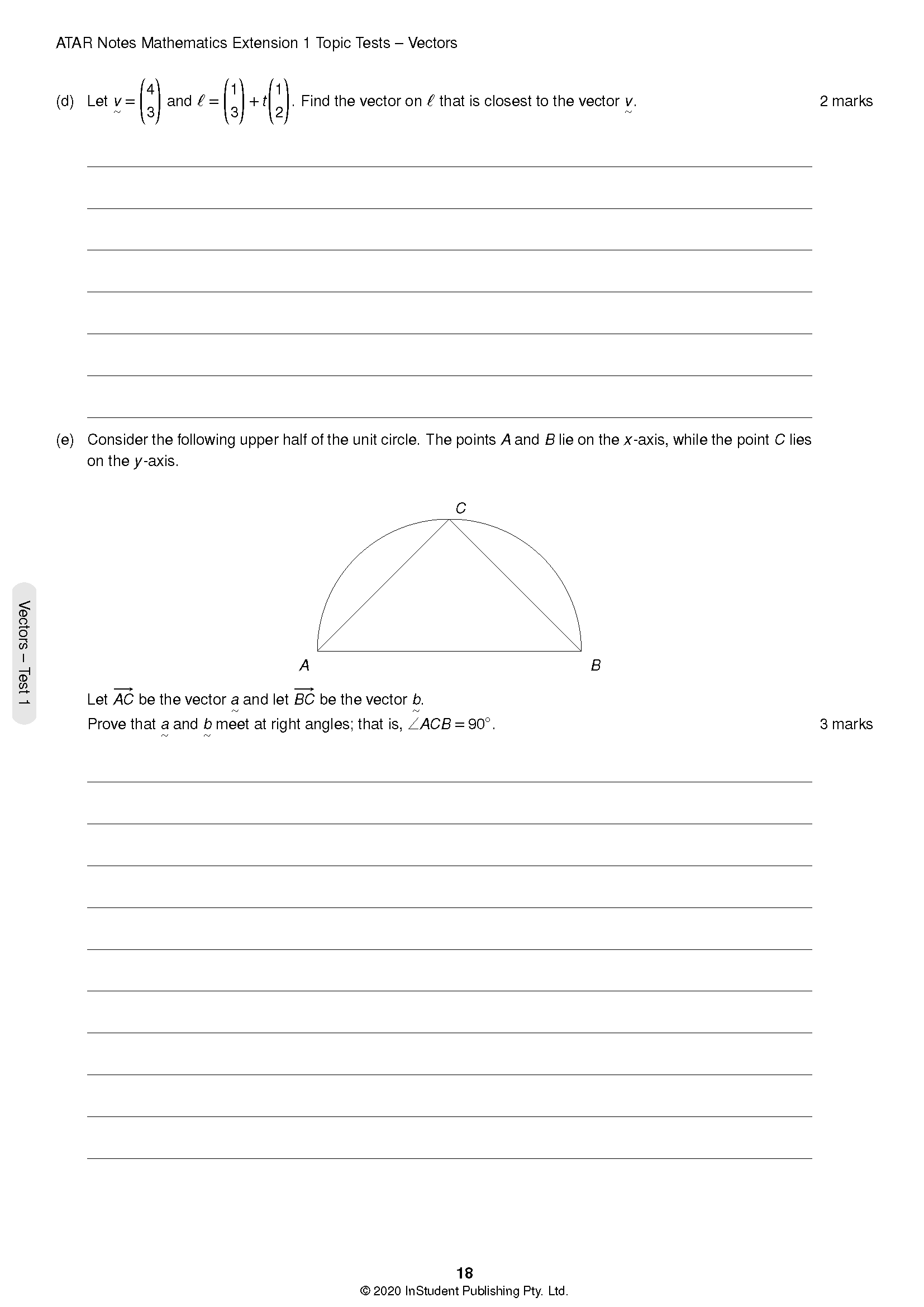 Mathematics Extension 1 Topic Tests page by ATAR Notes, showing vector problems with a semicircle diagram.