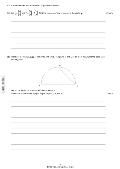 Mathematics Extension 1 Topic Tests page by ATAR Notes, showing vector problems with a semicircle diagram.
