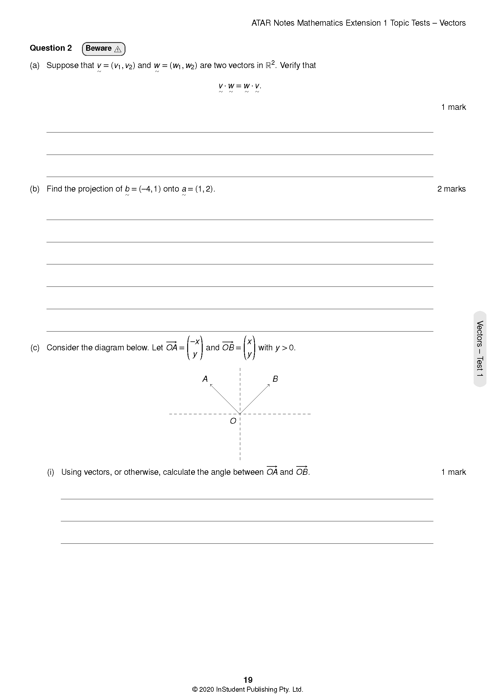 Mathematics Extension 1 Topic Tests by ATAR Notes, a white test page displaying vector questions and diagrams.