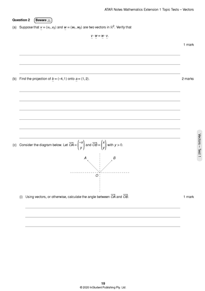 Mathematics Extension 1 Topic Tests by ATAR Notes, a white test page displaying vector questions and diagrams.