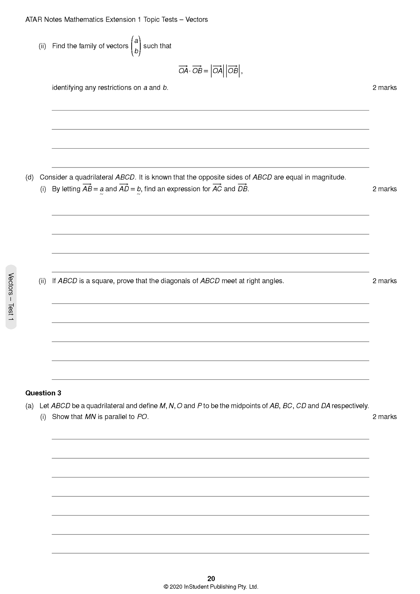 HSC Year 12 Mathematics Extension 1 Topic Tests by ATAR Notes, a white page displaying vector problems.