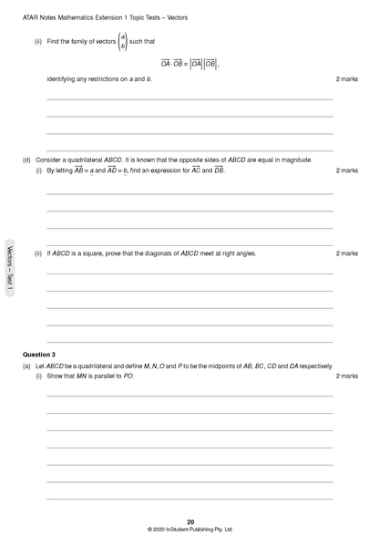 HSC Year 12 Mathematics Extension 1 Topic Tests by ATAR Notes, a white page displaying vector problems.