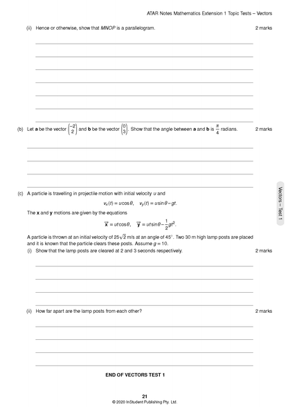 Mathematics Extension 1 Topic Tests by ATAR Notes, displaying a page with vector problems, equations, and blank answer lines.
