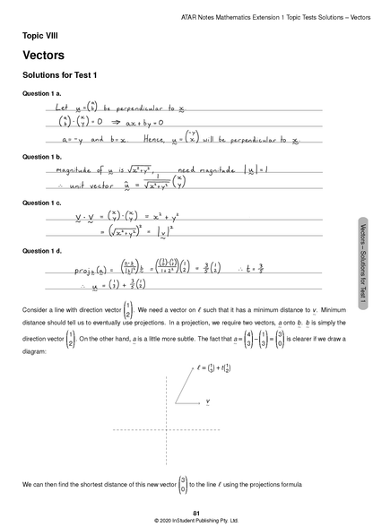 Mathematics Extension 1 Topic Tests solutions page by ATAR Notes, displaying handwritten vector problem solutions on a white page.