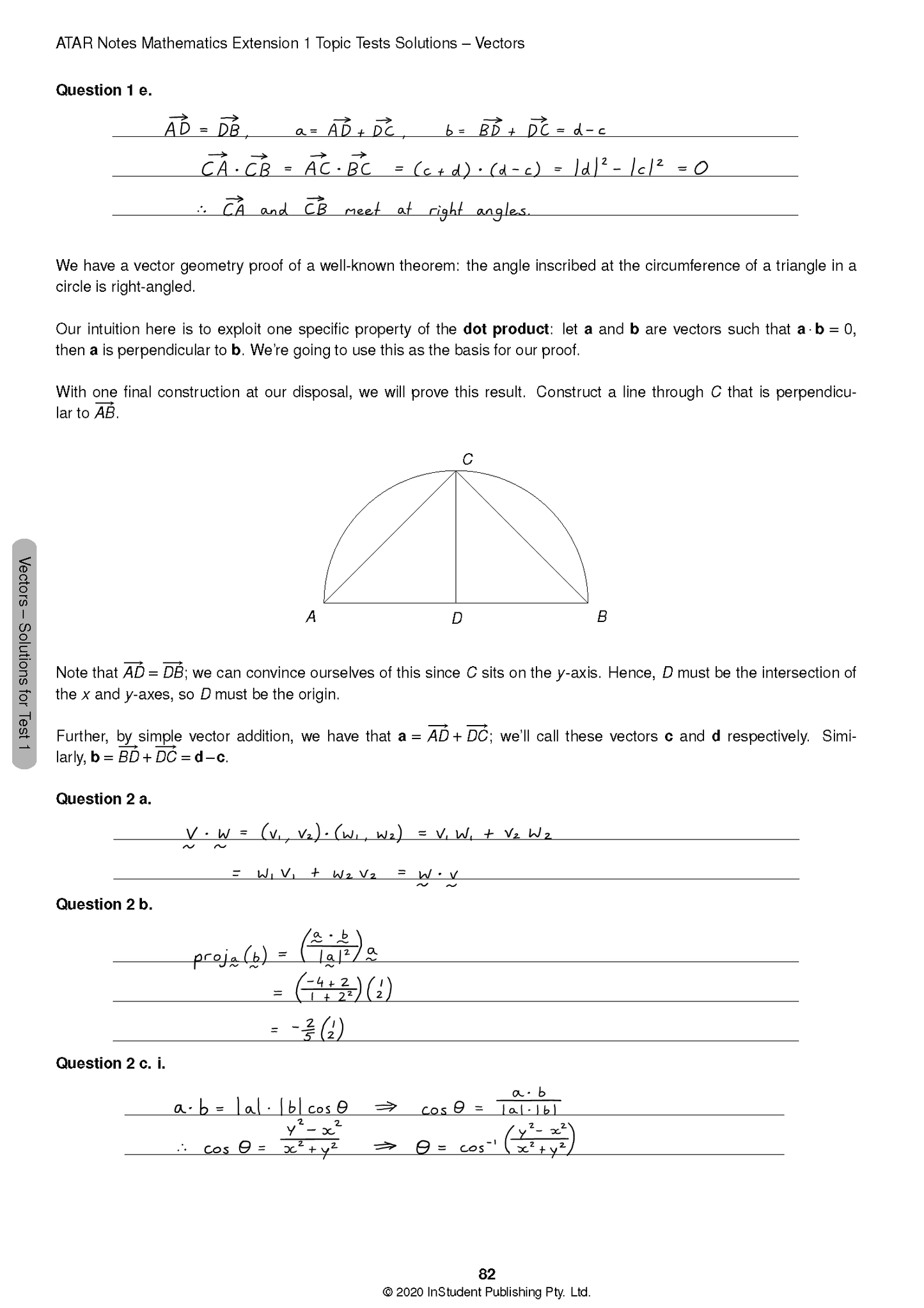 Mathematics Extension 1 Topic Tests solutions page by ATAR Notes, displaying handwritten vector problems and a semicircle diagram.