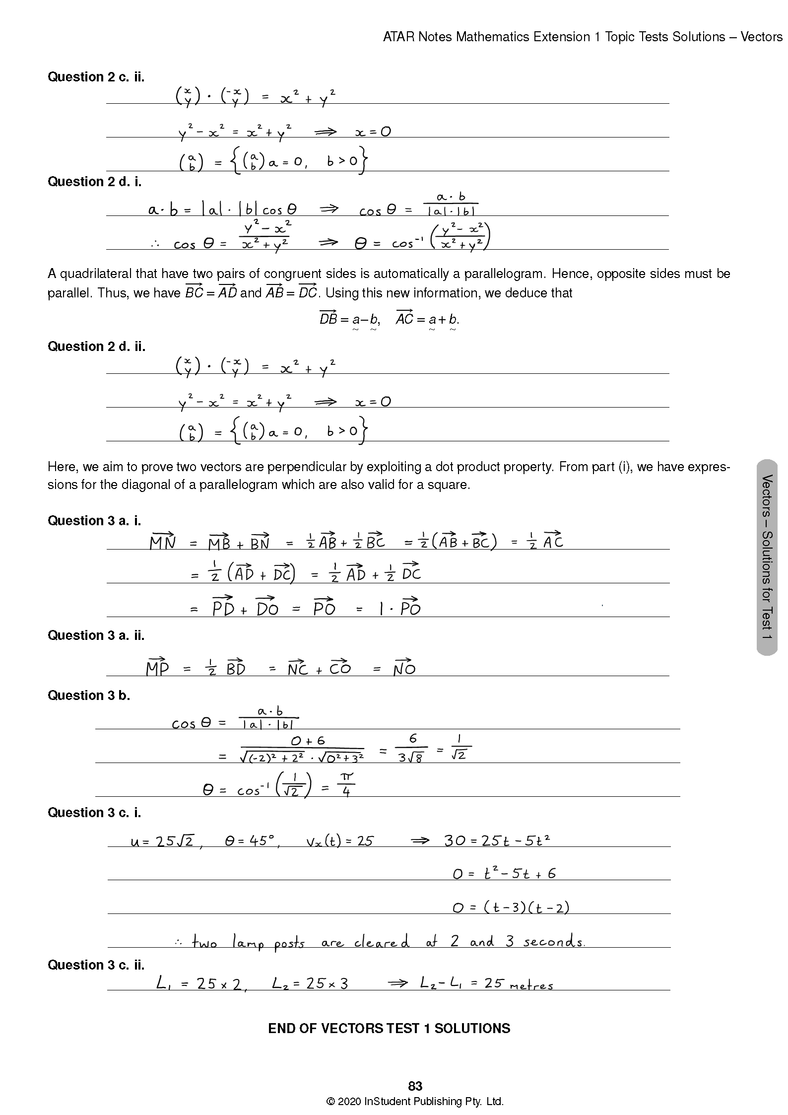 HSC Year 12 Mathematics Extension 1 Topic Tests solutions page from ATAR Notes, showing handwritten vector calculus problems and answers.
