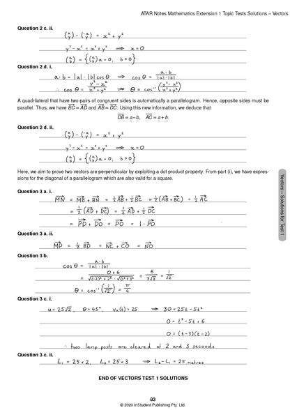HSC Year 12 Mathematics Extension 1 Topic Tests solutions page from ATAR Notes, showing handwritten vector calculus problems and answers.