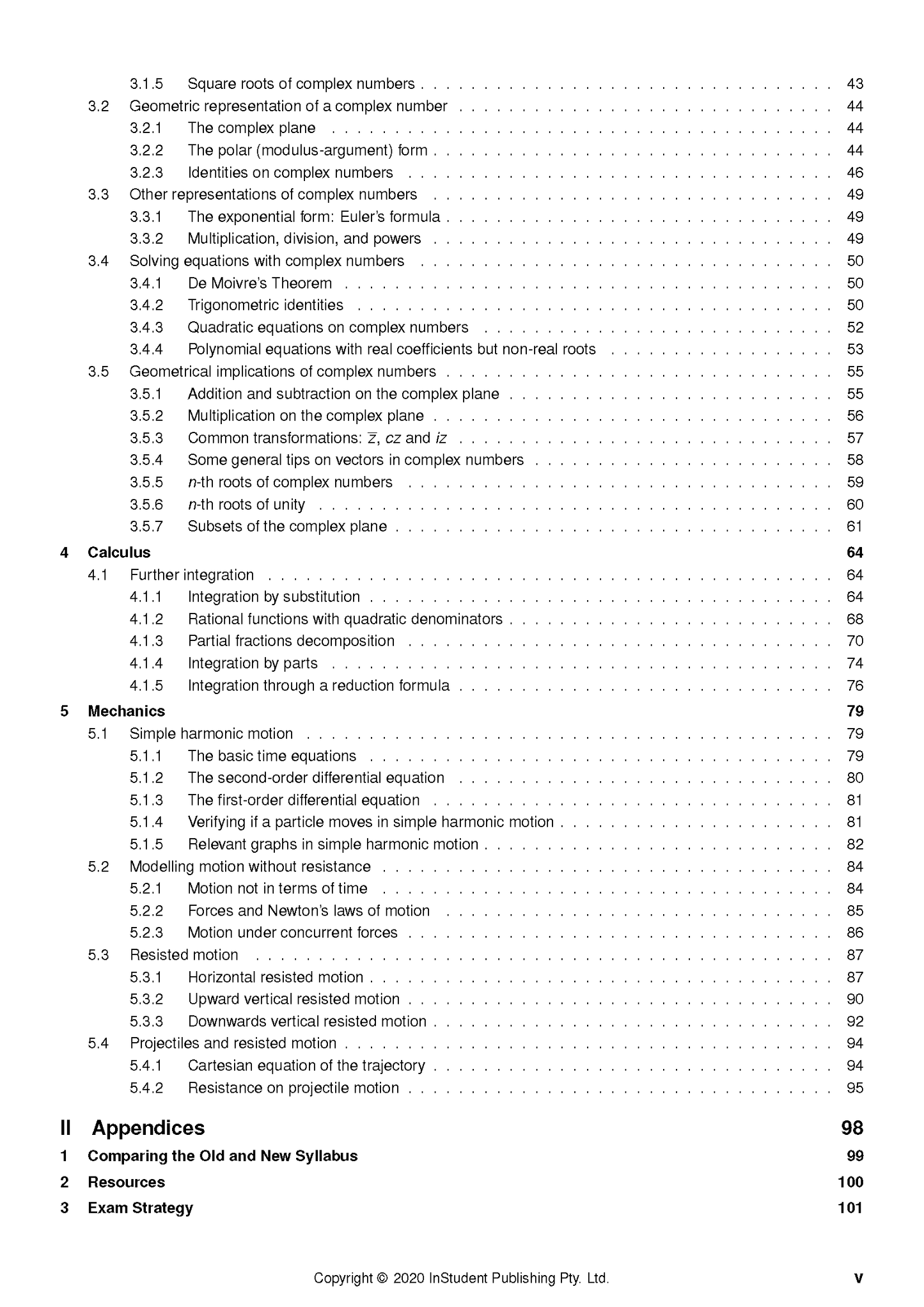 Mathematics Extension 2 Course Notes by ATAR Notes, showing a detailed table of contents for complex numbers, calculus, mechanics, and appendices.