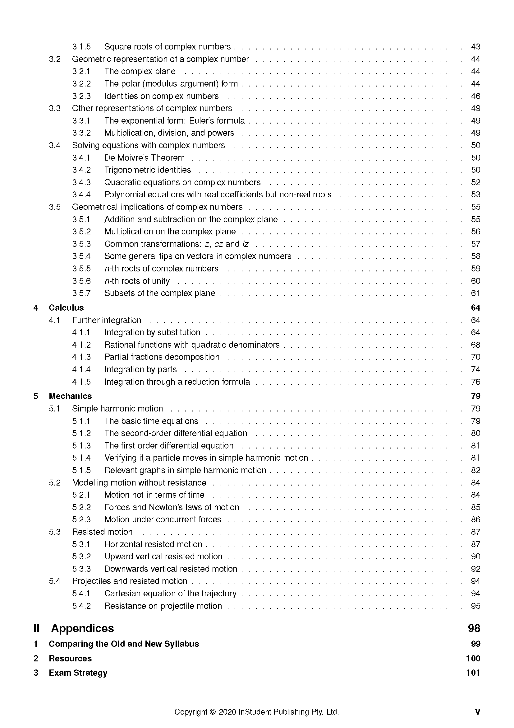 Mathematics Extension 2 Course Notes by ATAR Notes, showing a detailed table of contents for complex numbers, calculus, mechanics, and appendices.