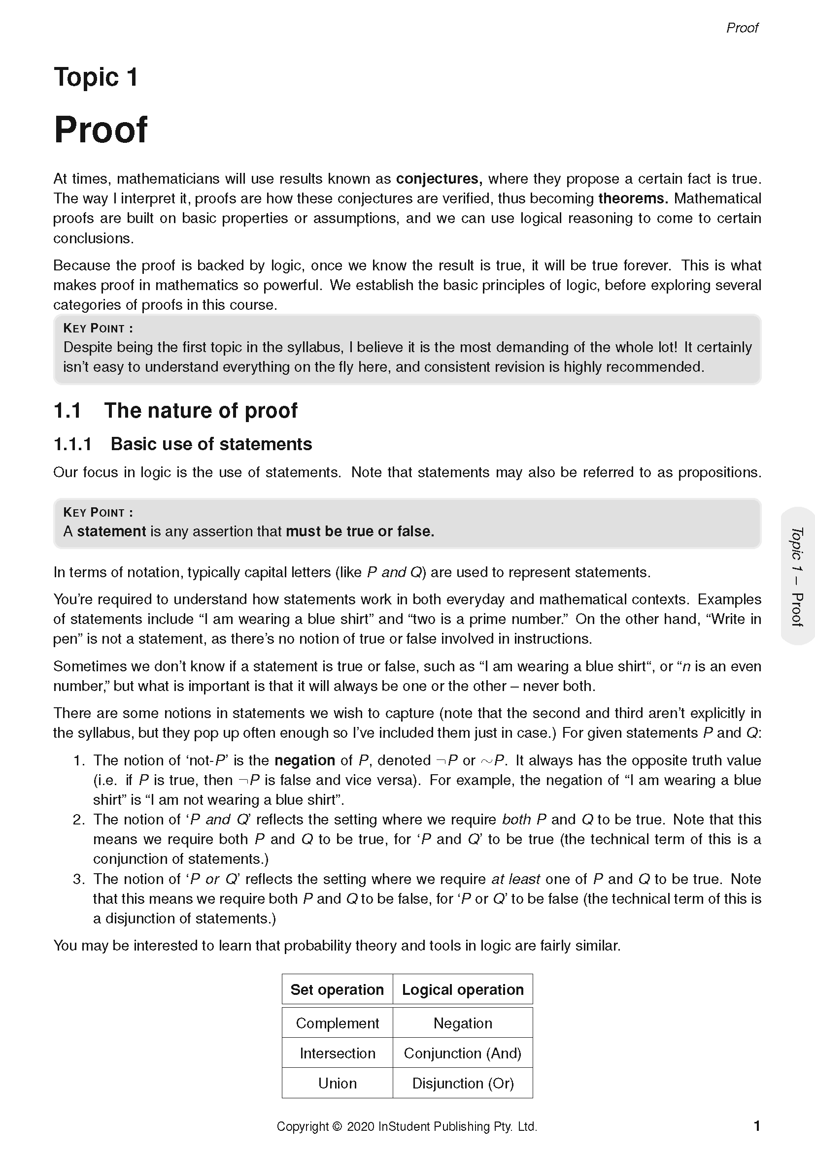 HSC Year 12 Mathematics Extension 2 course notes by ATAR Notes, displaying a page covering proof concepts, statements, and a table of set and logical operations.