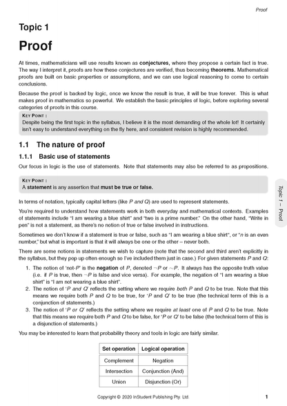 HSC Year 12 Mathematics Extension 2 course notes by ATAR Notes, displaying a page covering proof concepts, statements, and a table of set and logical operations.