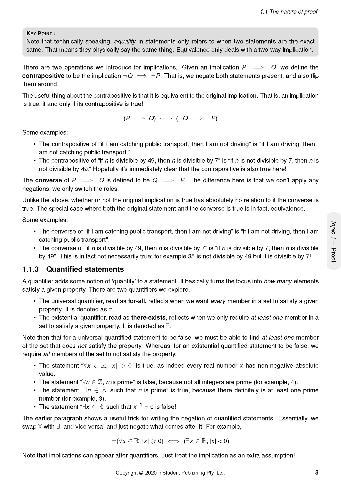 A page of Mathematics Extension 2 Complete Course Notes by ATAR Notes, showing text and symbols about logical operations and quantified statements.
