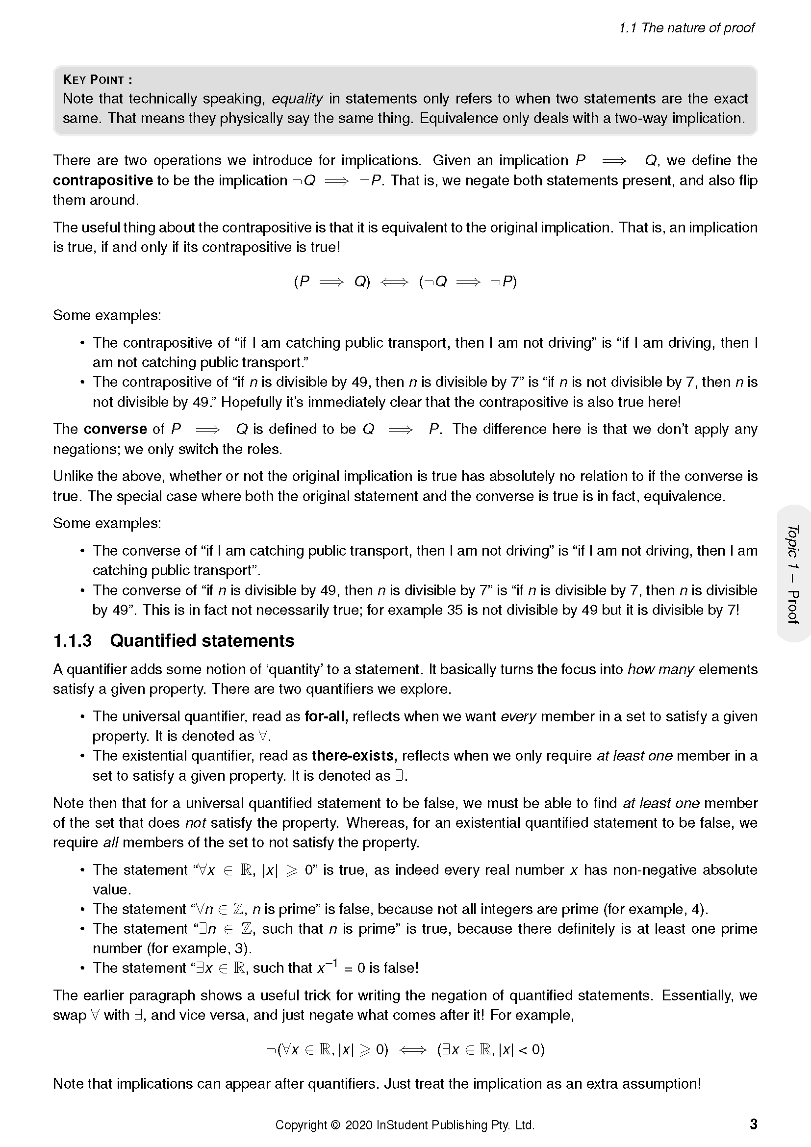 A page of Mathematics Extension 2 Complete Course Notes by ATAR Notes, showing text and symbols about logical operations and quantified statements.