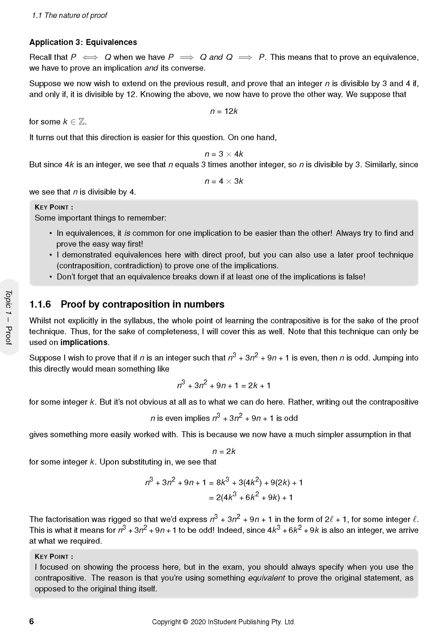 HSC Year 12 Mathematics Extension 2 Complete Course Notes by ATAR Notes, showing a page on equivalences and proof by contraposition.