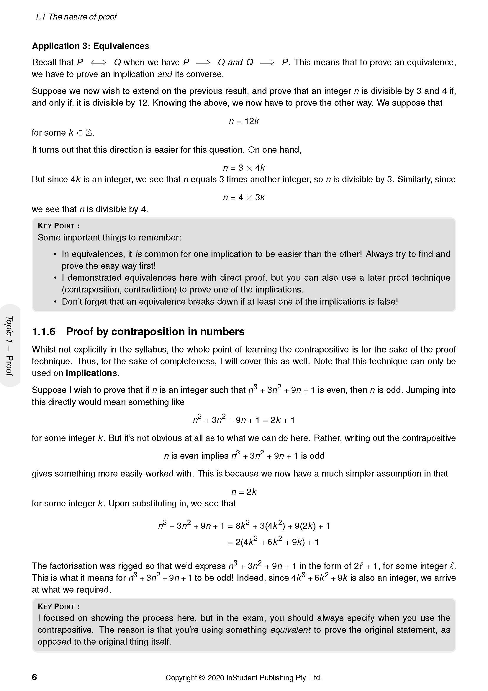 HSC Year 12 Mathematics Extension 2 Complete Course Notes by ATAR Notes, showing a page on equivalences and proof by contraposition.