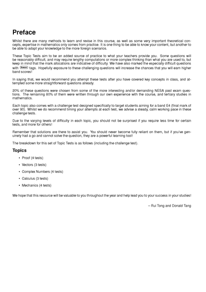 HSC Year 12 Mathematics Extension 2 Topic Tests (2024-2026) by ATAR Notes, a white page with black text detailing the preface and topics list.