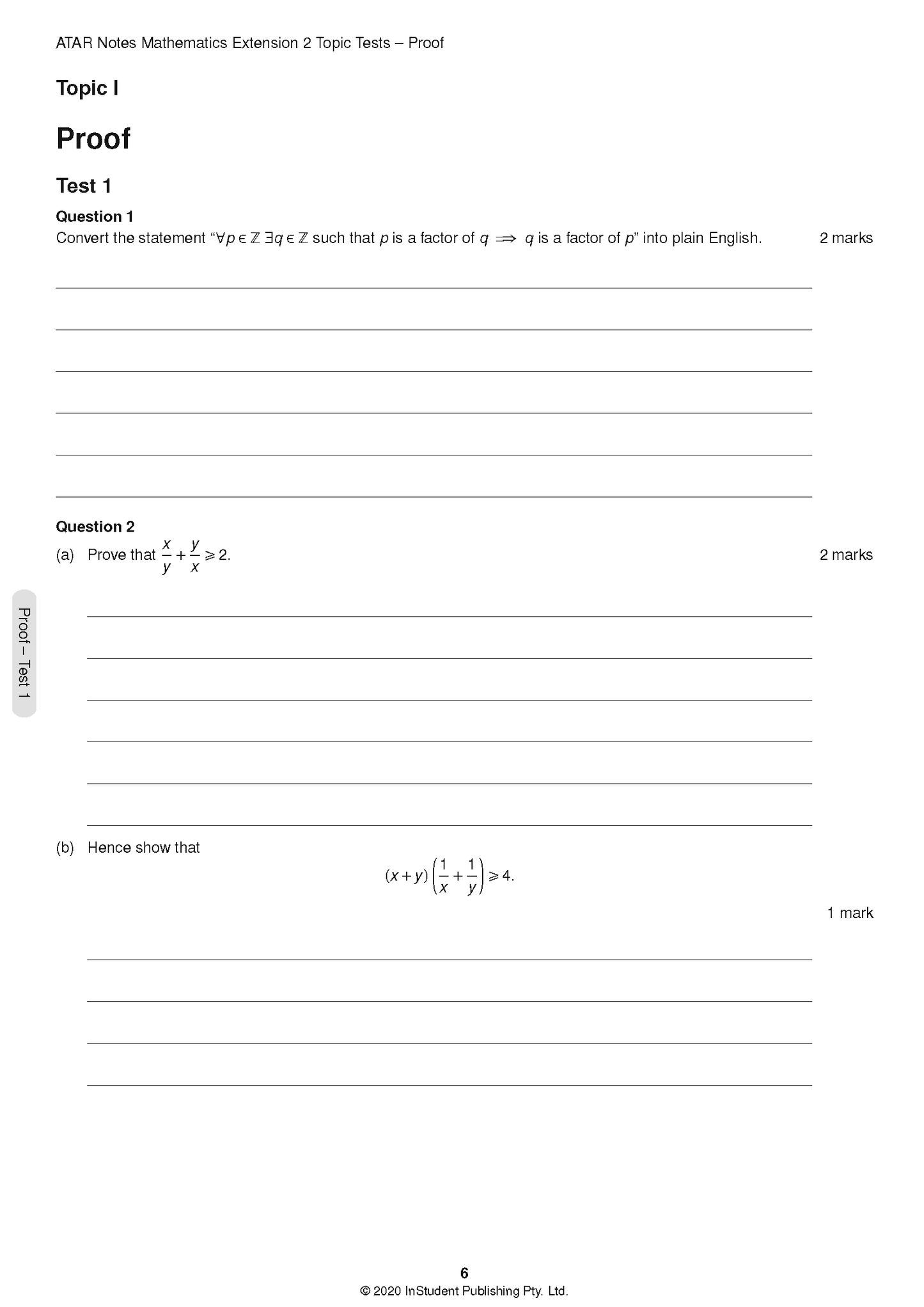 White page from Mathematics Topic Tests by ATAR Notes, displaying proof questions with blank answer lines.