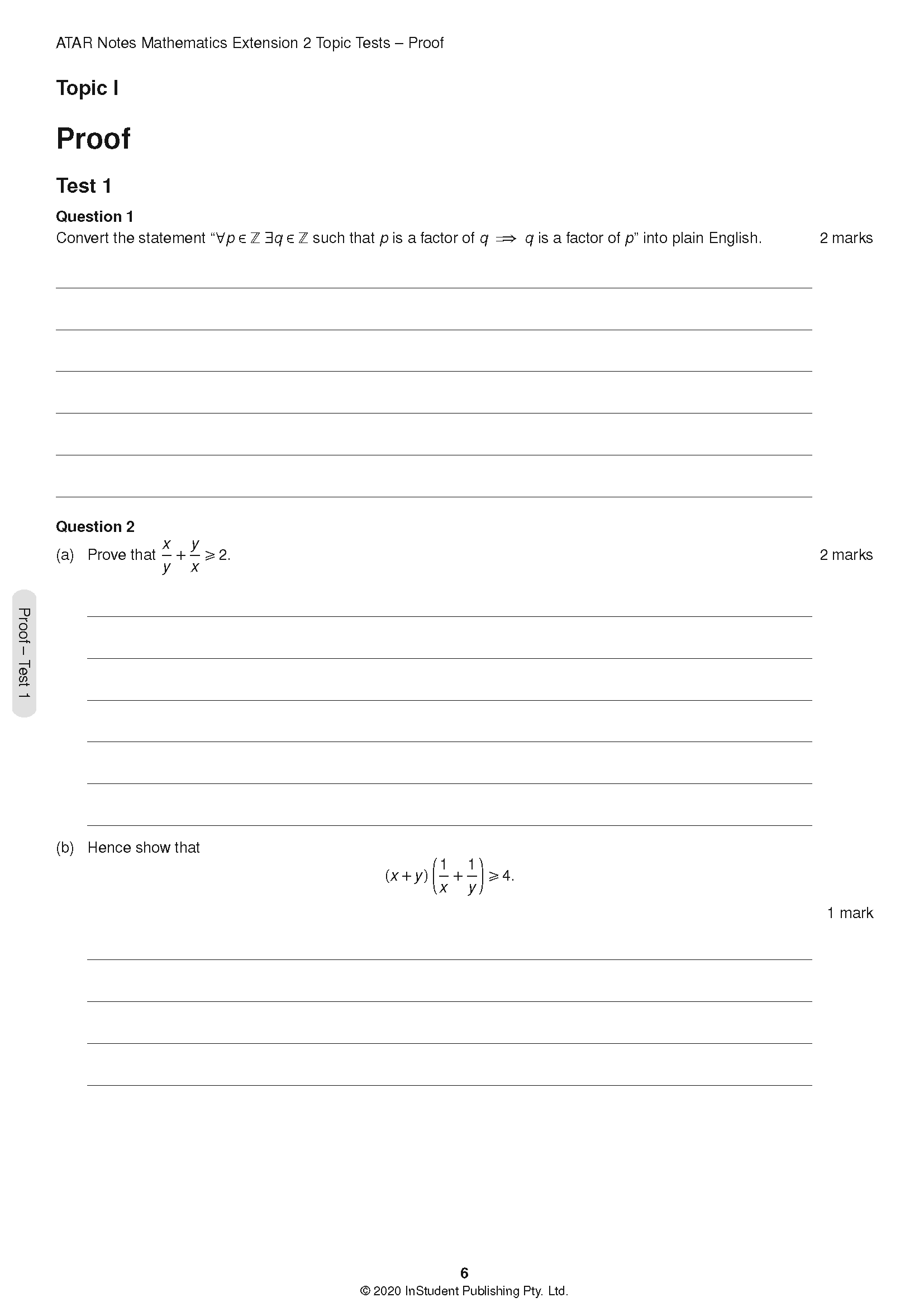 White page from Mathematics Topic Tests by ATAR Notes, displaying proof questions with blank answer lines.