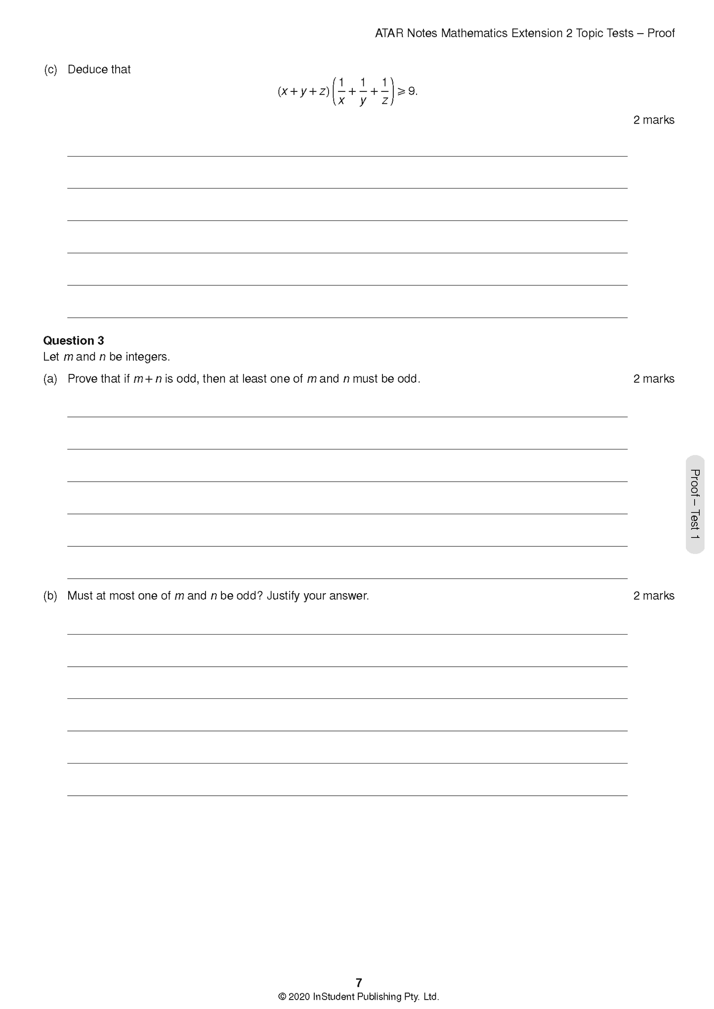 HSC Year 12 Mathematics Extension 2 Topic Tests by ATAR Notes, a white page with mathematical questions on deduction and integer proofs.