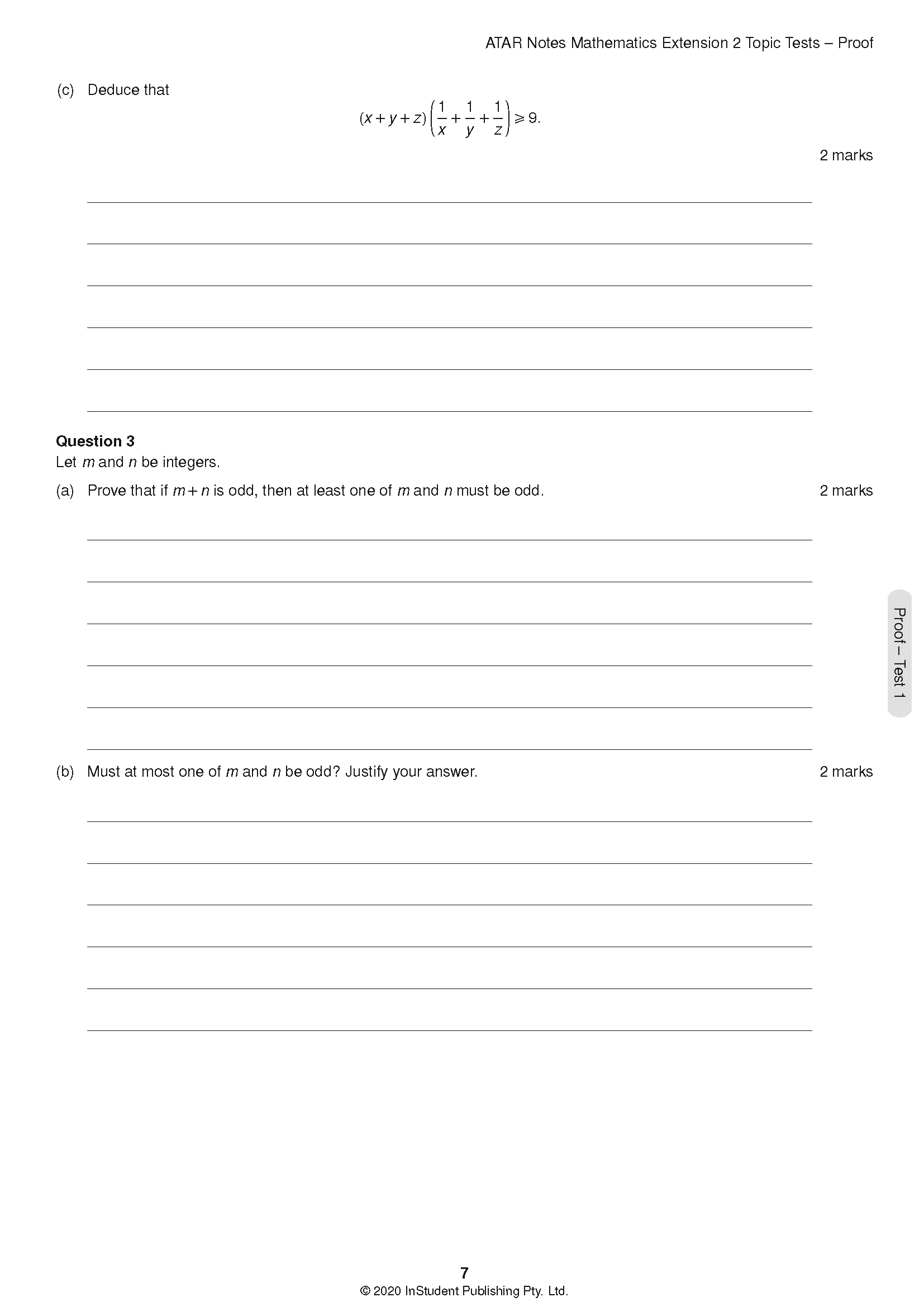 HSC Year 12 Mathematics Extension 2 Topic Tests by ATAR Notes, a white page with mathematical questions on deduction and integer proofs.