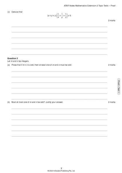 HSC Year 12 Mathematics Extension 2 Topic Tests by ATAR Notes, a white page with mathematical questions on deduction and integer proofs.