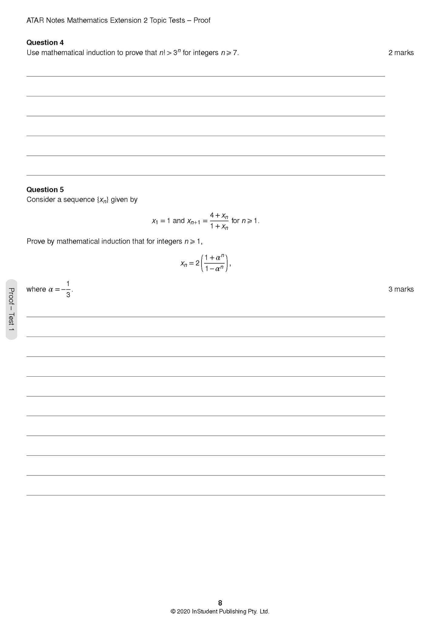 HSC Year 12 Mathematics Extension 2 Topic Tests by ATAR Notes, showing a white page with black text questions and answer lines.