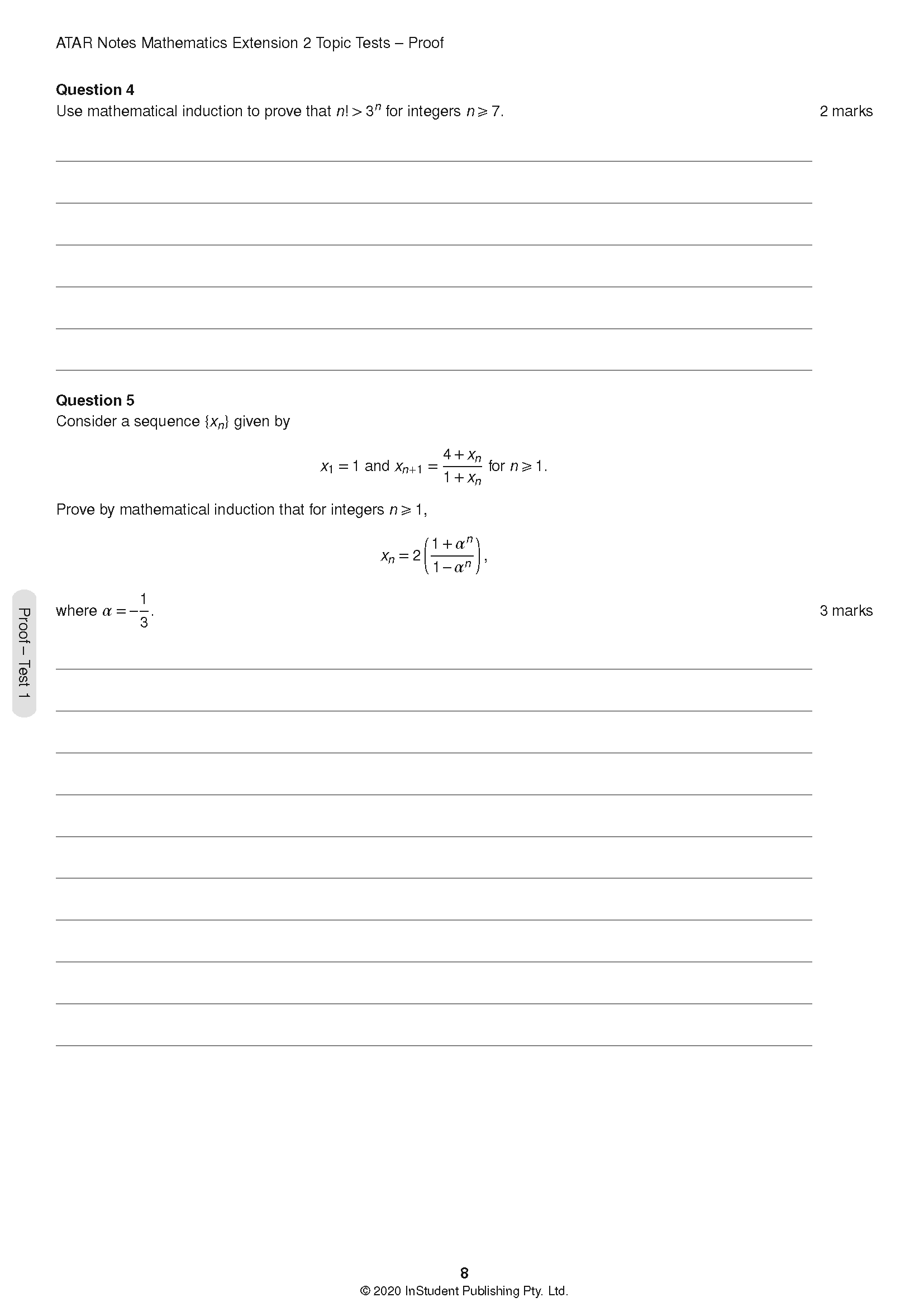 HSC Year 12 Mathematics Extension 2 Topic Tests by ATAR Notes, showing a white page with black text questions and answer lines.