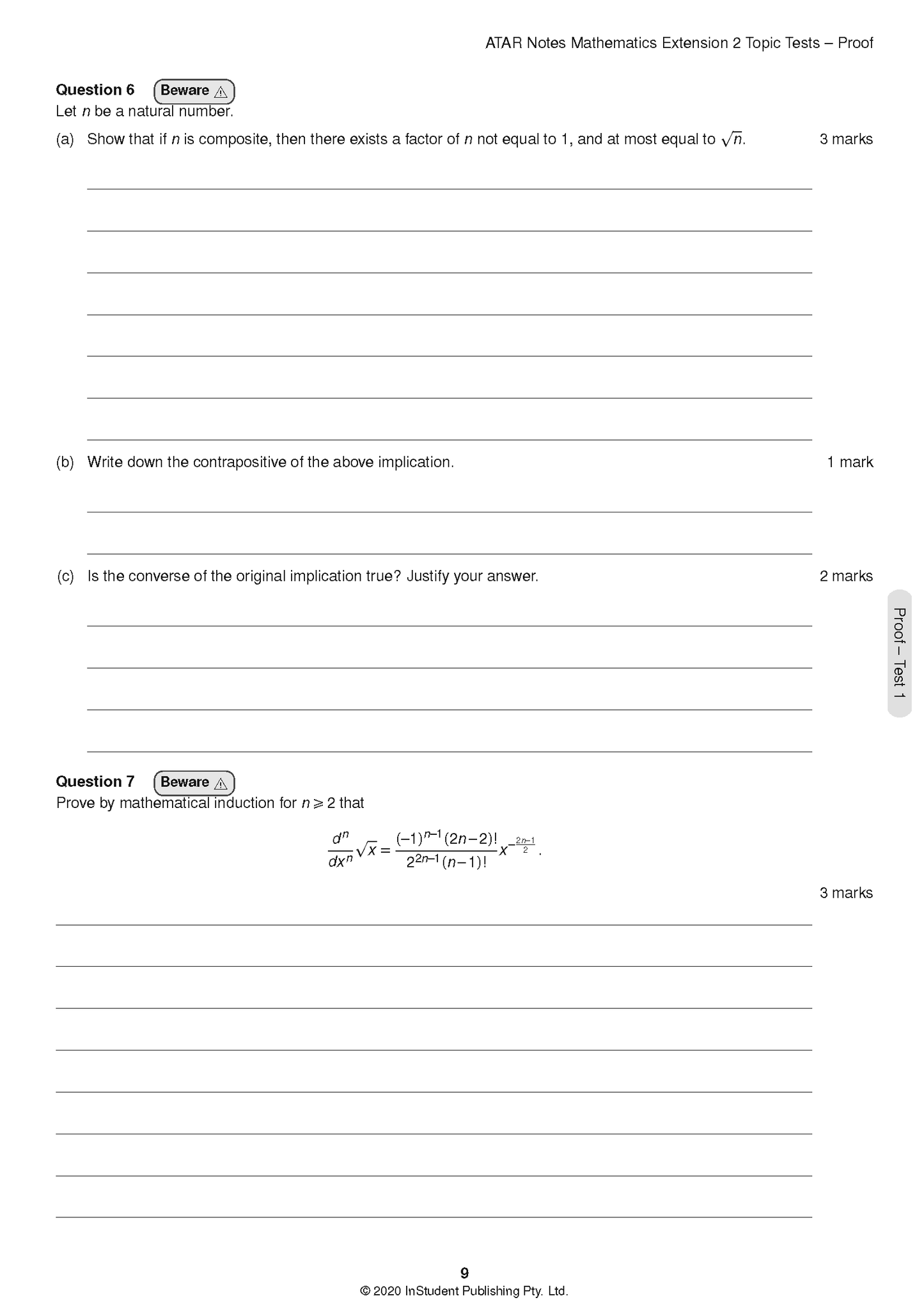 HSC Year 12 Mathematics Extension 2 Topic Test page by ATAR Notes, showing questions, mathematical formulas, and blank lines on white paper.