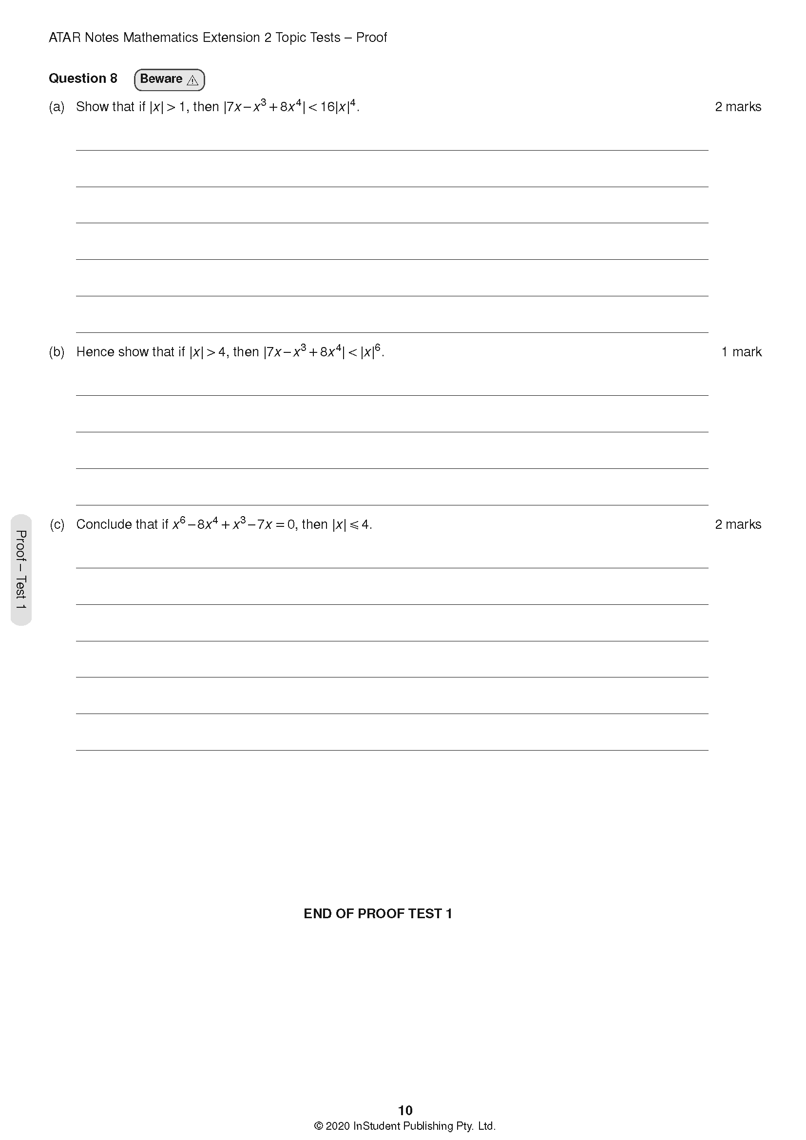 HSC Year 12 Mathematics Extension 2 Topic Tests by ATAR Notes, featuring a proof question page with formulas and blank answer lines.