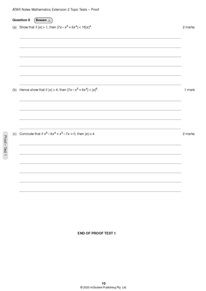 HSC Year 12 Mathematics Extension 2 Topic Tests by ATAR Notes, featuring a proof question page with formulas and blank answer lines.