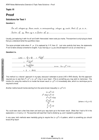 Solution guide for Mathematics Extension 2 Topic Tests by ATAR Notes, showing handwritten mathematical proofs and explanations on page 98.