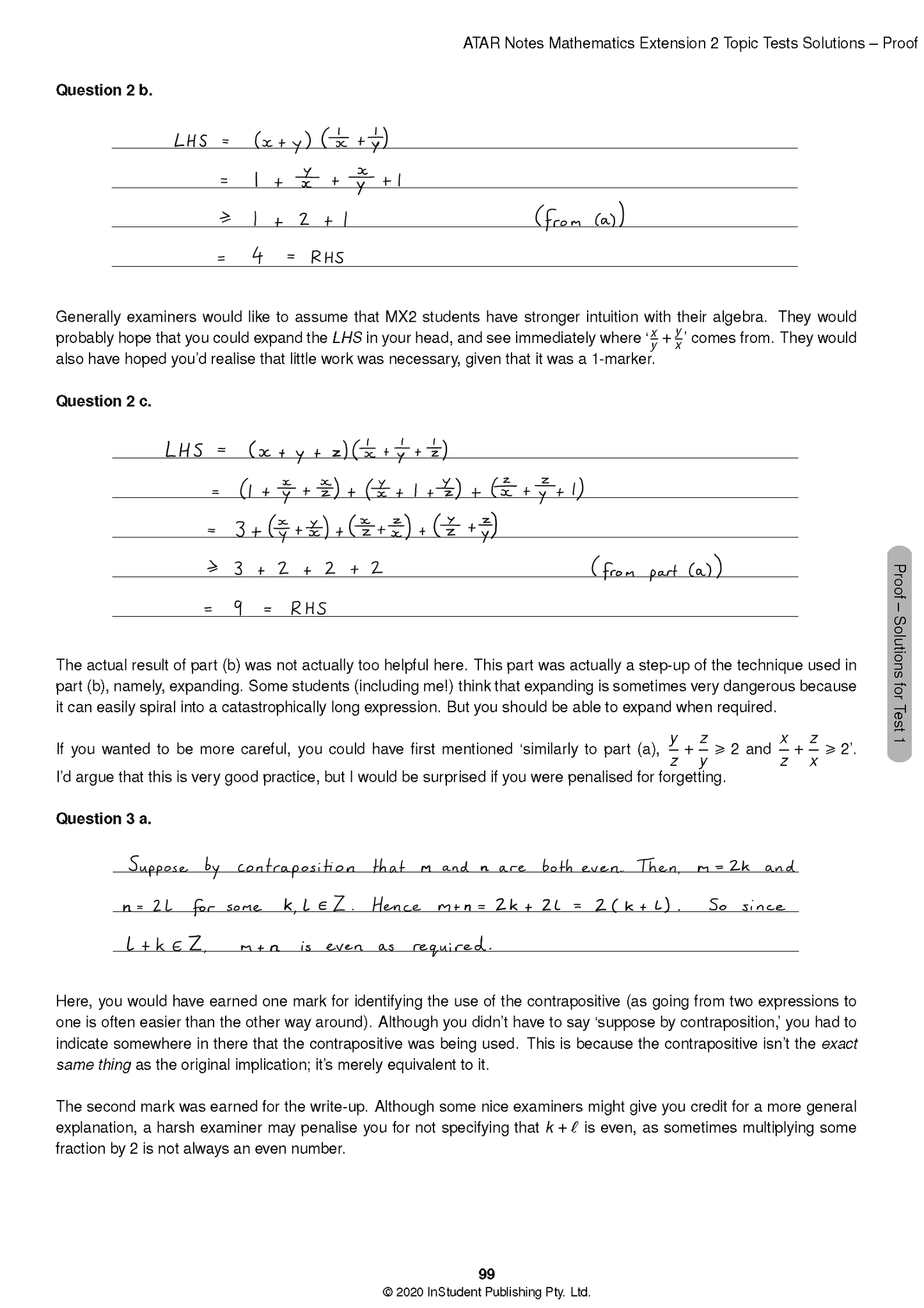 Mathematics Extension 2 Topic Tests solutions by ATAR Notes featuring algebra and proof equations on a white page.