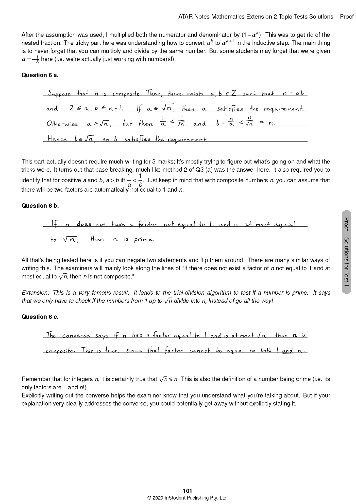 Mathematics Extension 2 Topic Tests solutions page by ATAR Notes, displaying printed text and handwritten answers for Question 6.