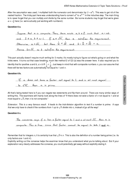 Mathematics Extension 2 Topic Tests solutions page by ATAR Notes, displaying printed text and handwritten answers for Question 6.