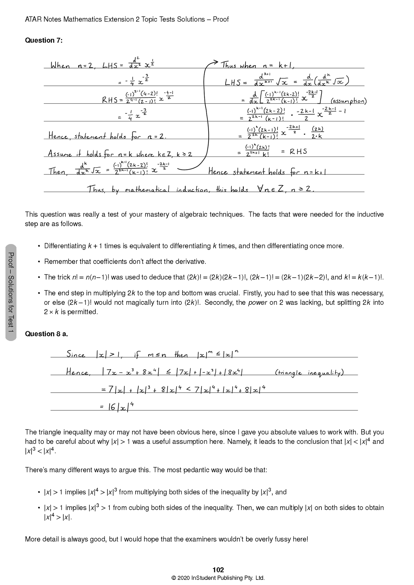 Topic Tests page by ATAR Notes showing handwritten math proofs and solutions on white paper.