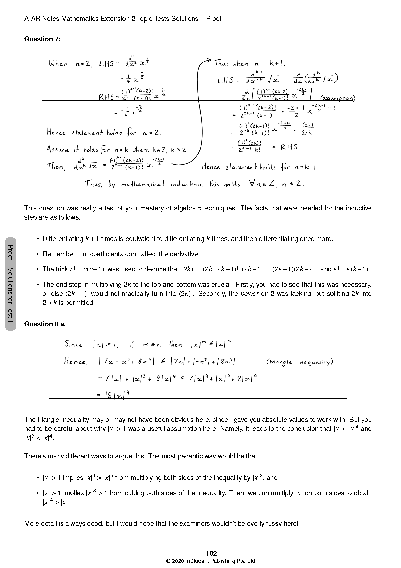 Topic Tests page by ATAR Notes showing handwritten math proofs and solutions on white paper.