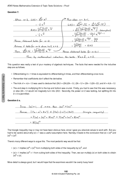 Topic Tests page by ATAR Notes showing handwritten math proofs and solutions on white paper.
