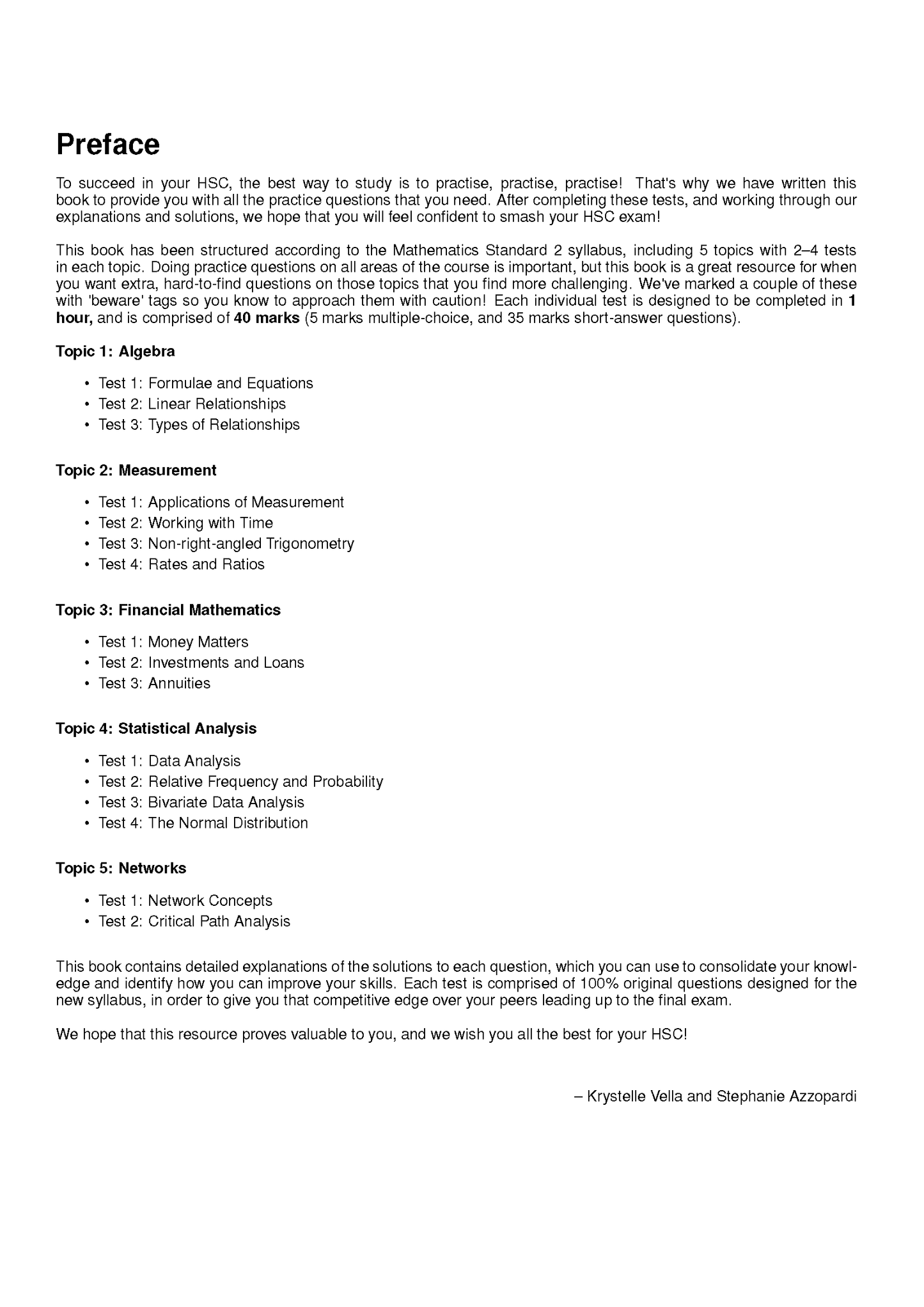 Topic Tests by ATAR Notes, a white page displaying the preface and table of contents for HSC Mathematics Standard 2.