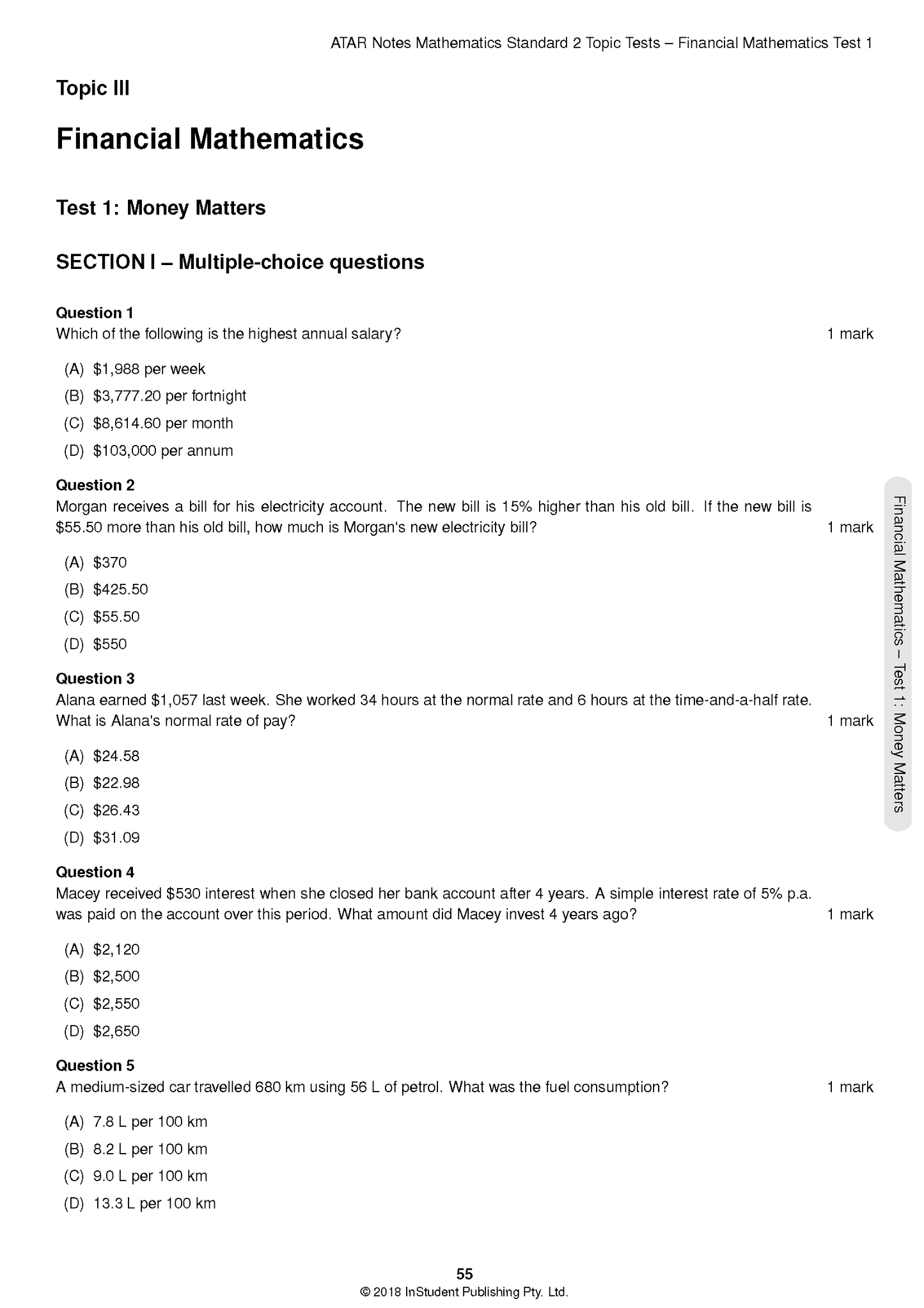 HSC Year 12 Mathematics Standard 2 Topic Tests from ATAR Notes, showing a page with multiple-choice financial mathematics questions.