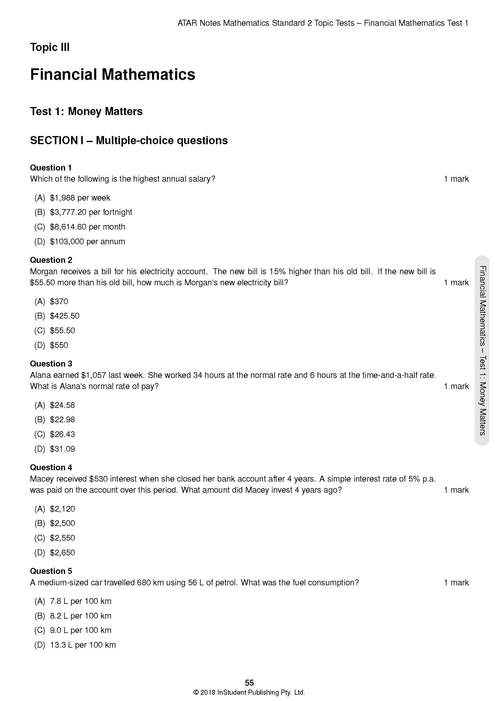 HSC Year 12 Mathematics Standard 2 Topic Tests from ATAR Notes, showing a page with multiple-choice financial mathematics questions.