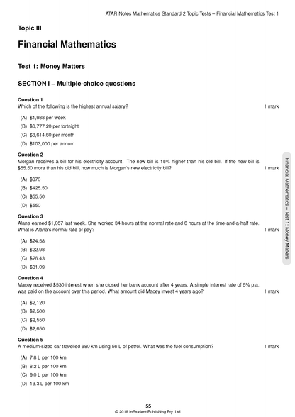HSC Year 12 Mathematics Standard 2 Topic Tests from ATAR Notes, showing a page with multiple-choice financial mathematics questions.