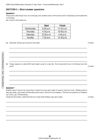 HSC Year 12 Mathematics Standard 2 Topic Tests by ATAR Notes, displaying short-answer financial mathematics questions and a work schedule table.