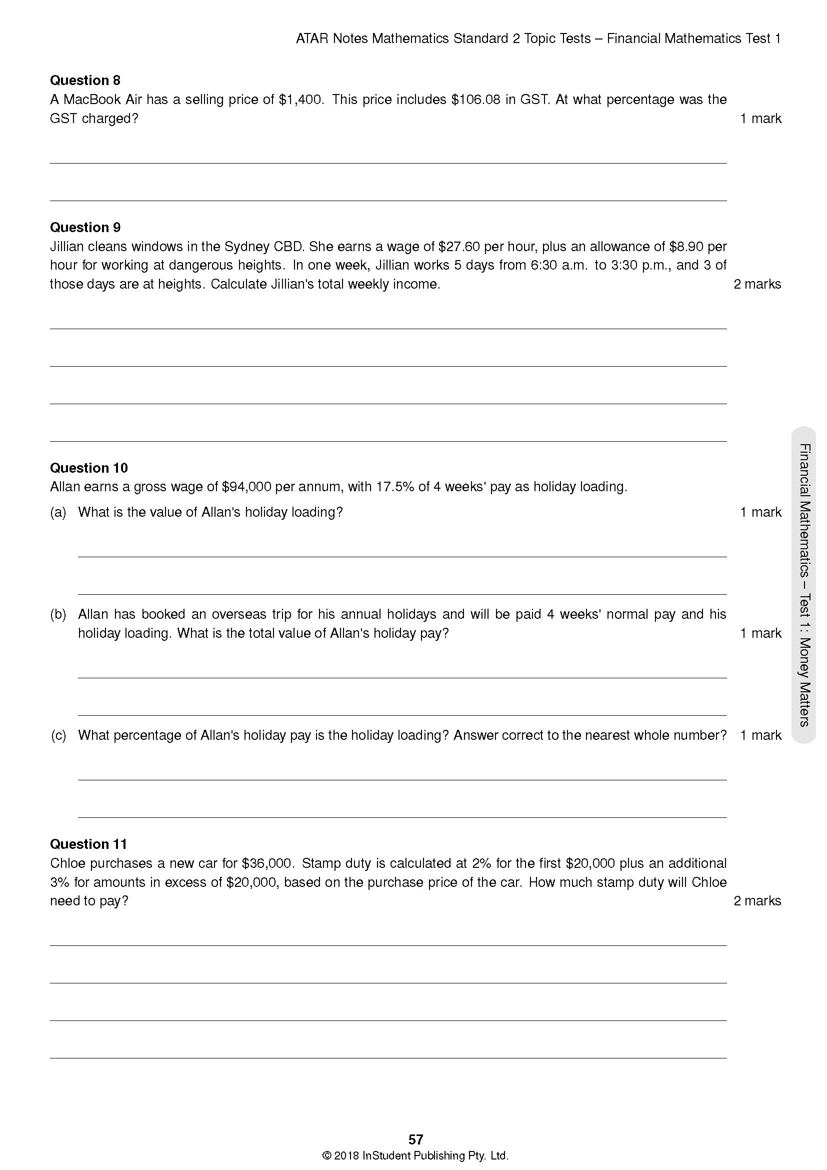 Printed mathematics topic tests by ATAR Notes showing financial mathematics questions on page 57.