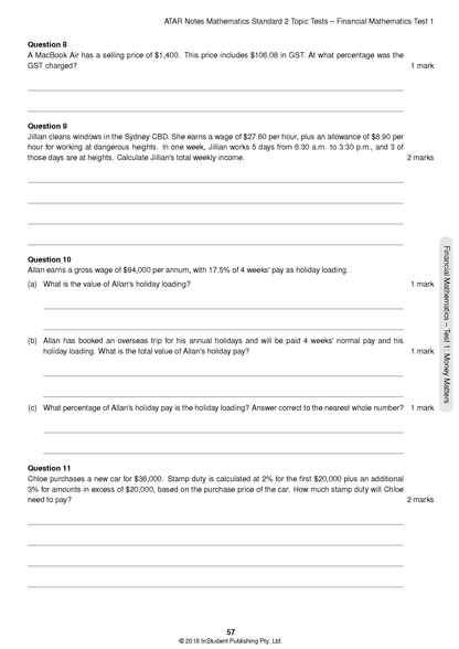 Printed mathematics topic tests by ATAR Notes showing financial mathematics questions on page 57.