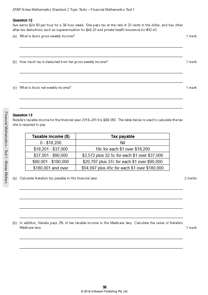 HSC Year 12 Mathematics Standard 2 Topic Tests by ATAR Notes, showing a white page with financial math questions and a tax table.