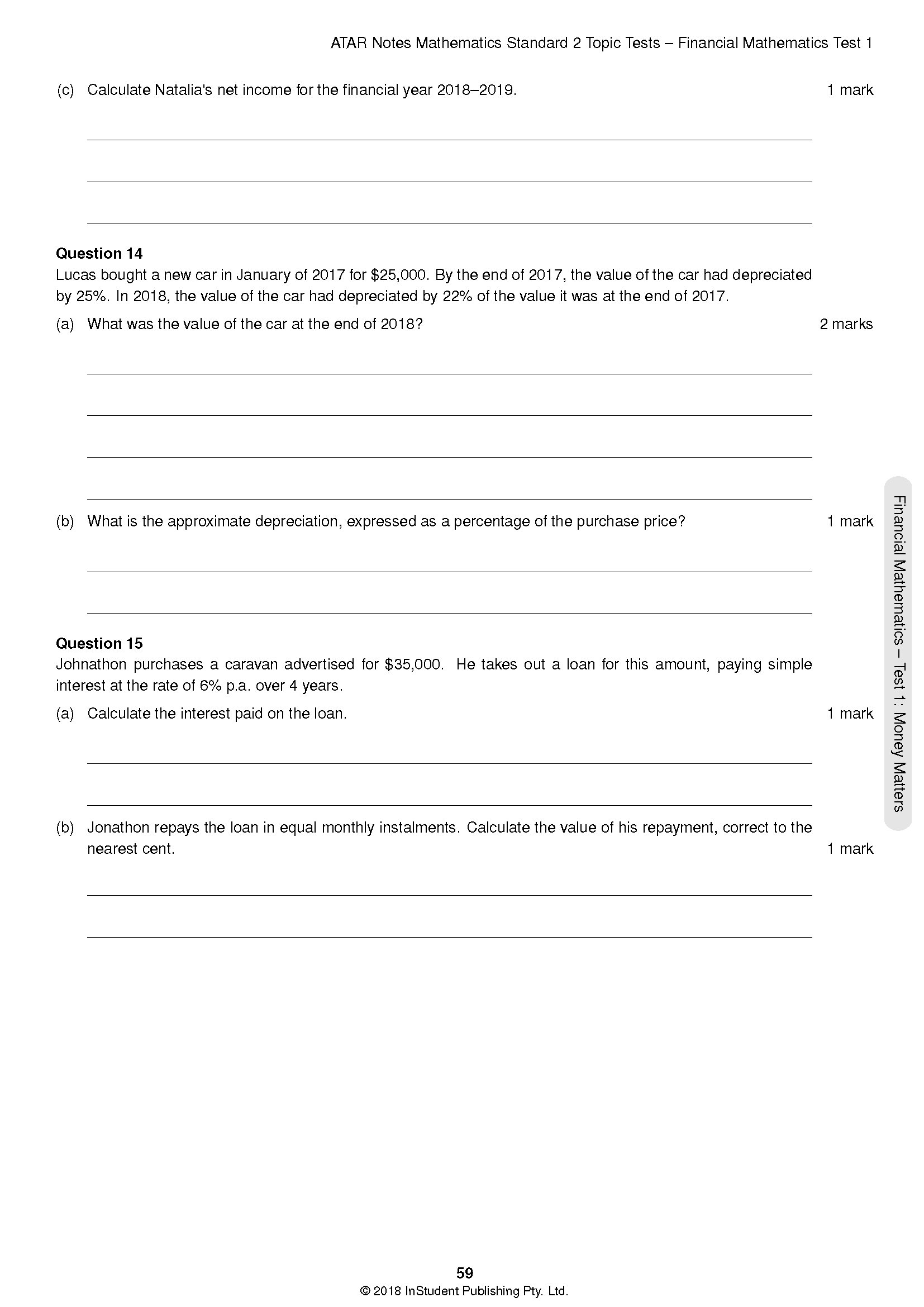 HSC Year 12 Mathematics Standard 2 Topic Tests by ATAR Notes, a white page with black text displaying exam questions.