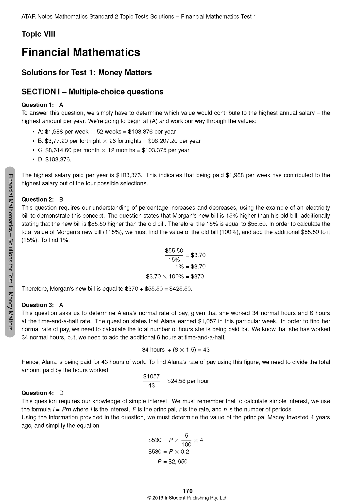 Mathematics Standard 2 Topic Tests solutions page by ATAR Notes, displaying financial mathematics problems and worked solutions.